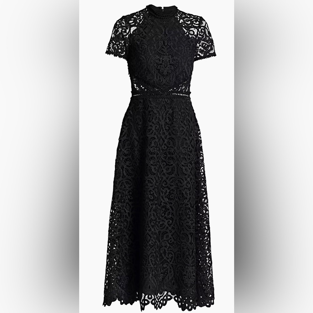 lace design, this classic midi silhouette flaunts a banded waist.